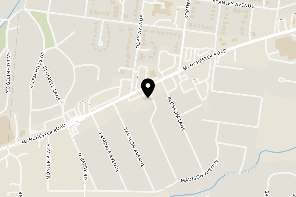 Map showing the location of Himalayan Hut on 9814 Manchester Road in St. Louis